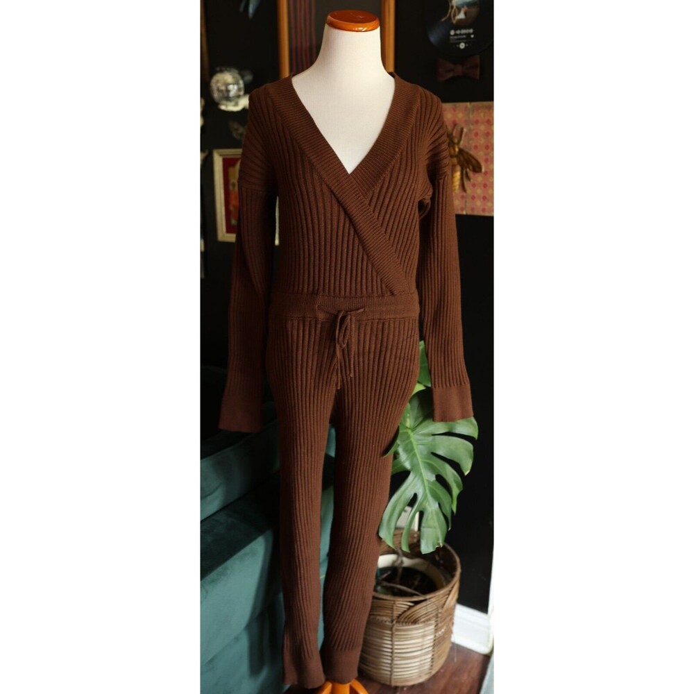 Promesa Hello Dreamland Rib-Knit Brown V neck Sweater Jumpsuit Size Large